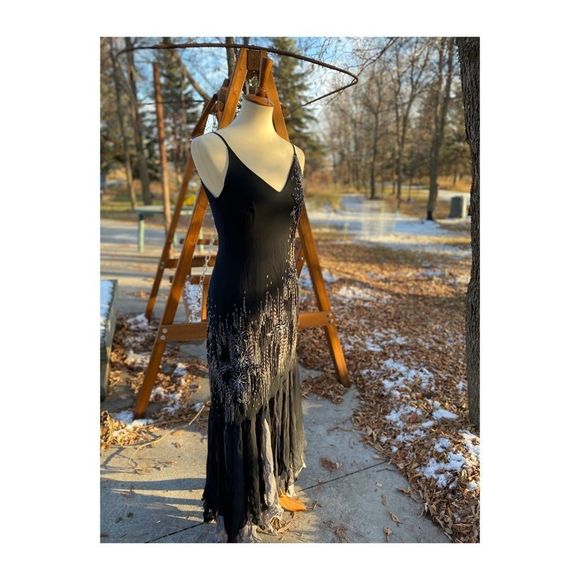 Vtg 90s Y2K Sue Wong Nocturne Gown 100% Silk Dress Beads Mermaid Glam Celestial - Picture 4 of 15